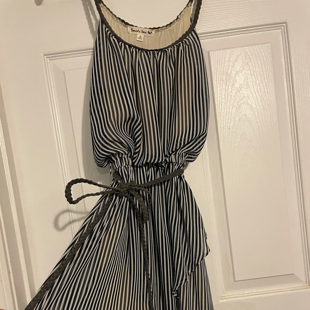 Navy White Stripe Dress Braided Rope Belted Cute